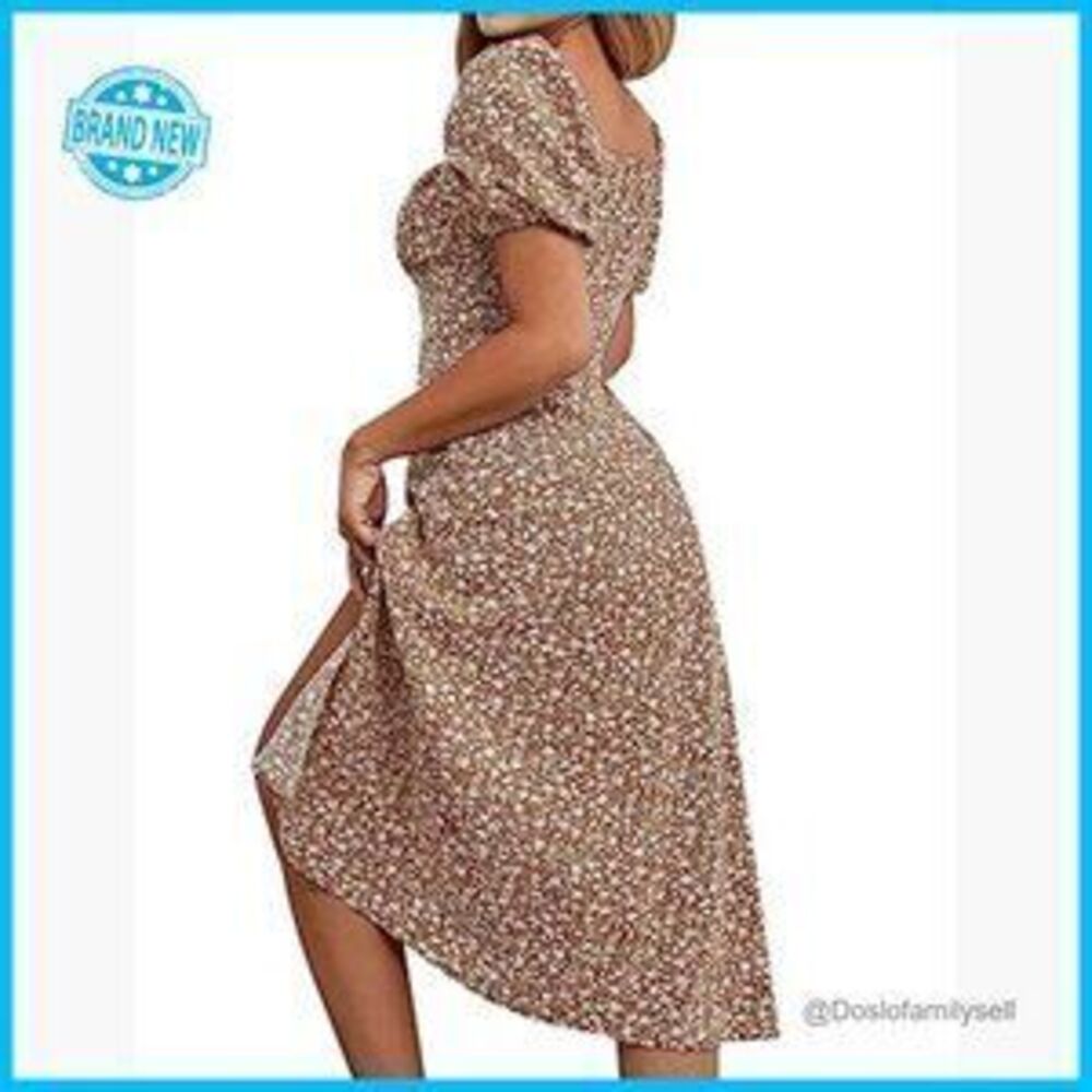 Floral Boho Midi Dress Square Neck Puff Sleeve Ruched Bust High Waist Split - Picture 5 of 5